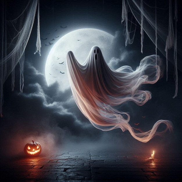 Halloween ghost with billowing fabric suspended in midair