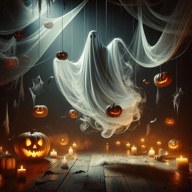 Halloween ghost with billowing fabric suspended in midair