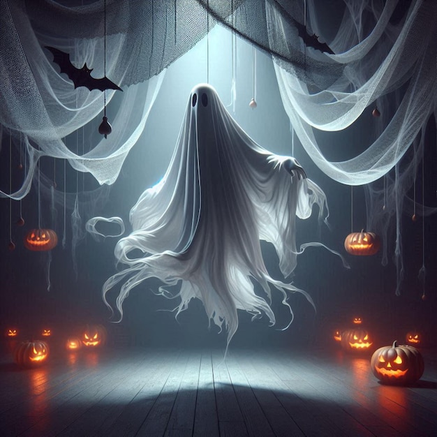 Halloween ghost with billowing fabric suspended in midair