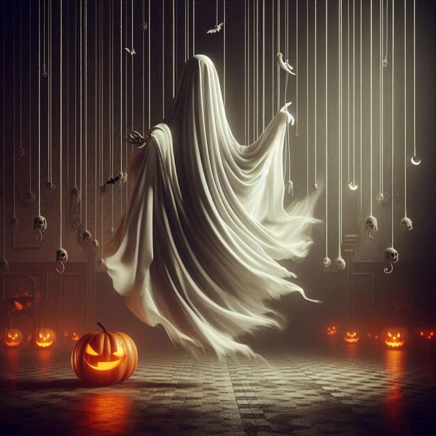 Halloween ghost with billowing fabric suspended in midair