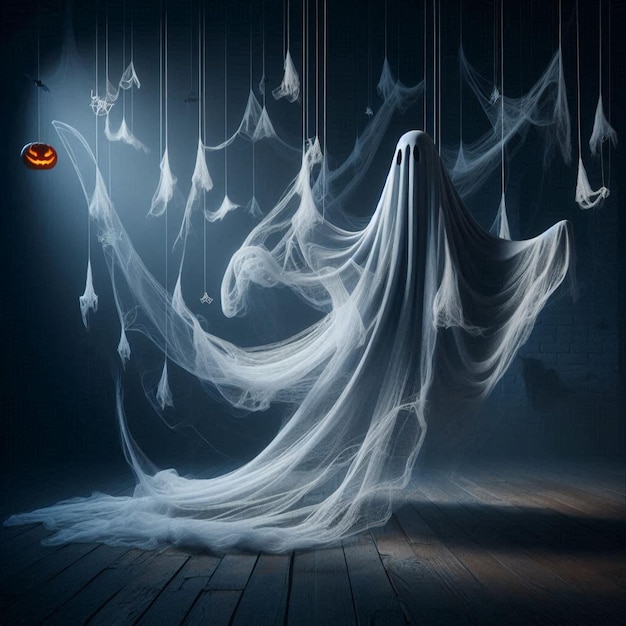 Halloween ghost with billowing fabric suspended in midair