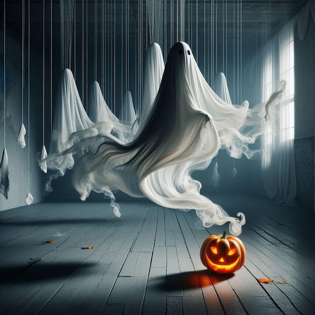 Halloween ghost with billowing fabric suspended in midair