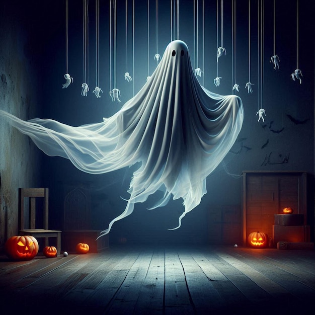 Halloween ghost with billowing fabric suspended in midair