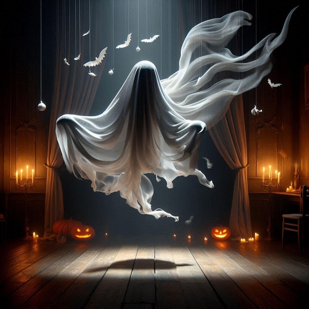 Halloween ghost with billowing fabric suspended in midair