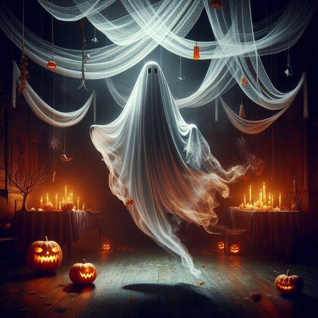 Halloween ghost with billowing fabric suspended in midair