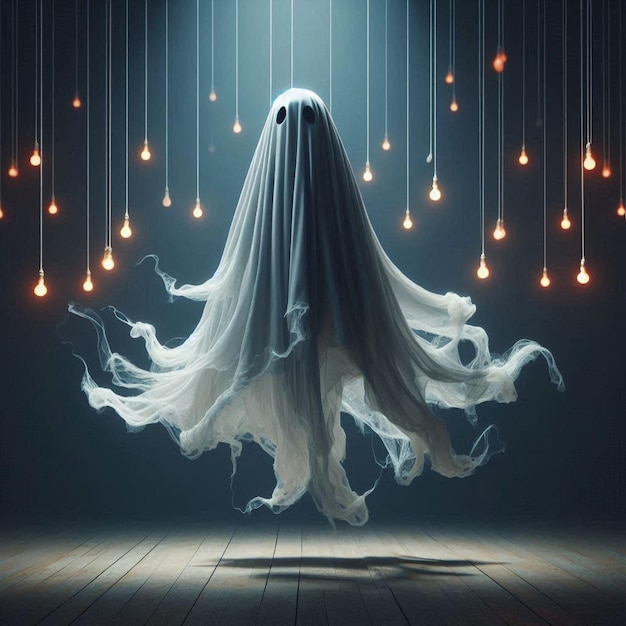 Halloween ghost with billowing fabric suspended in midair