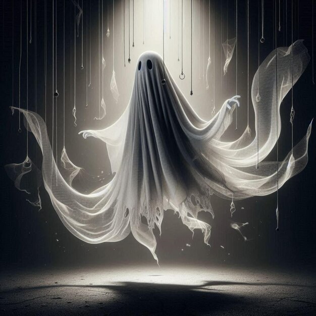 Halloween ghost with billowing fabric suspended in midair