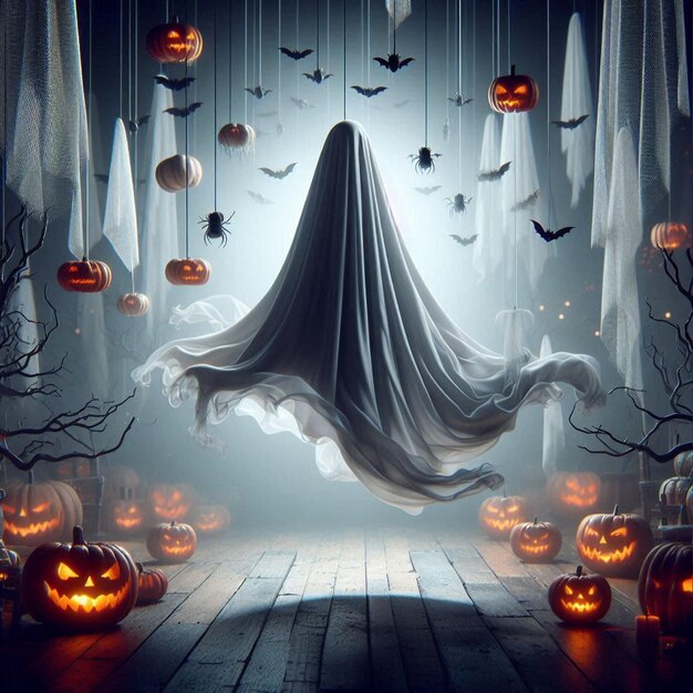 Halloween ghost with billowing fabric suspended in midair