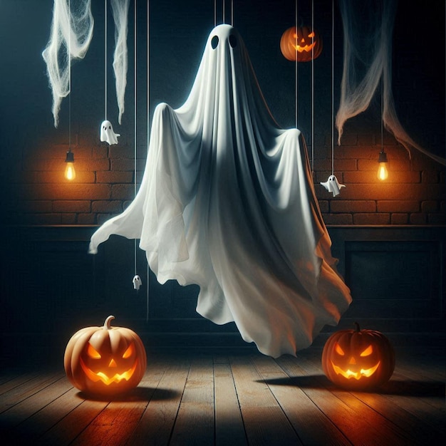 Halloween ghost with billowing fabric suspended in midair