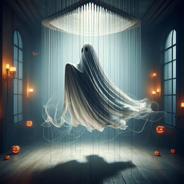 Halloween ghost with billowing fabric suspended in midair