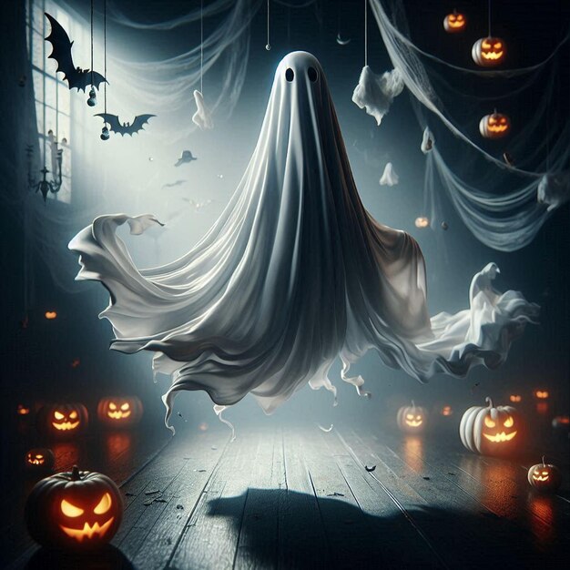 Halloween ghost with billowing fabric suspended in midair