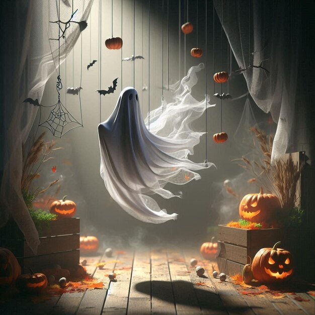 Halloween ghost with billowing fabric suspended in midair