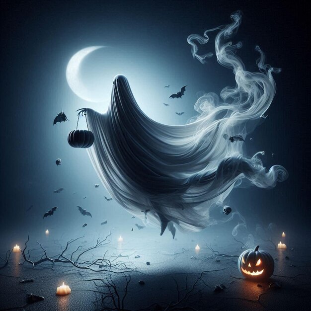 Halloween ghost with billowing fabric suspended in midair