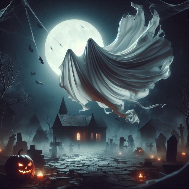 Halloween ghost with billowing fabric suspended in midair