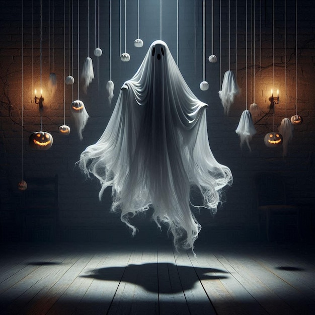 Halloween ghost with billowing fabric suspended in midair