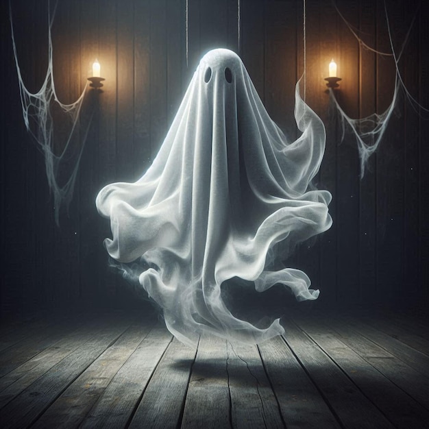 Halloween ghost with billowing fabric suspended in midair