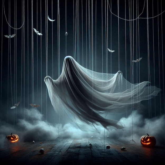 Halloween ghost with billowing fabric suspended in midair