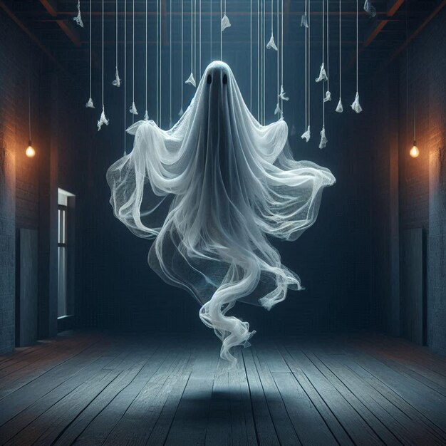 Halloween ghost with billowing fabric suspended in midair