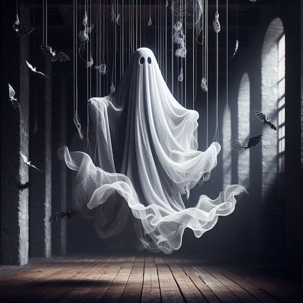 Halloween ghost with billowing fabric suspended in midair