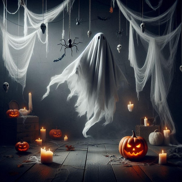 Halloween ghost with billowing fabric suspended in midair