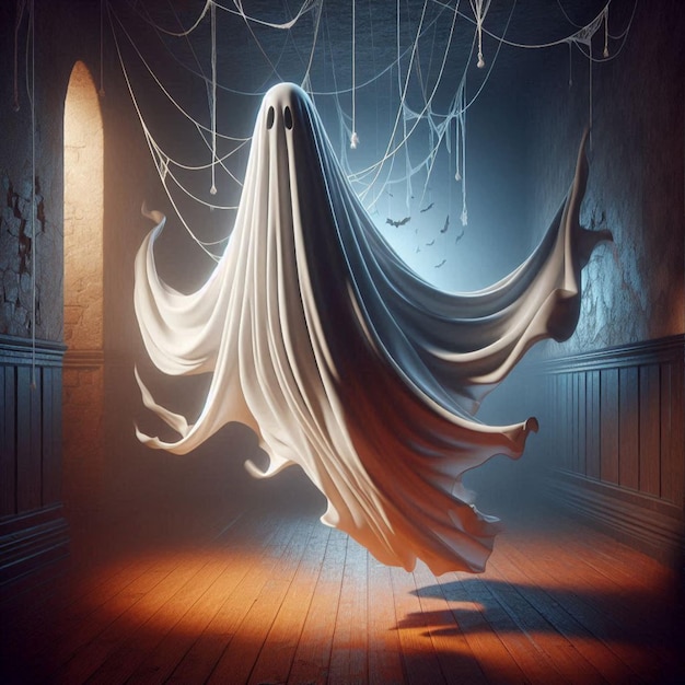 Halloween ghost with billowing fabric suspended in midair