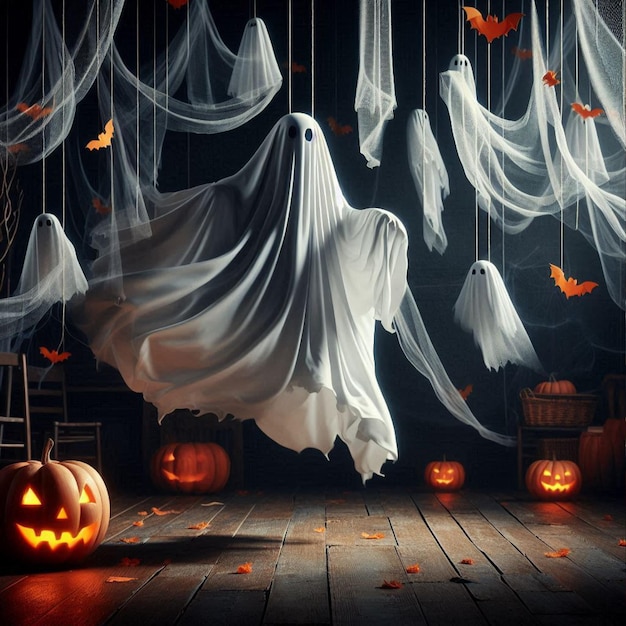 Halloween ghost with billowing fabric suspended in midair