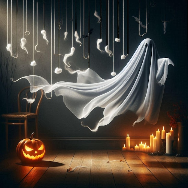 Halloween ghost with billowing fabric suspended in midair