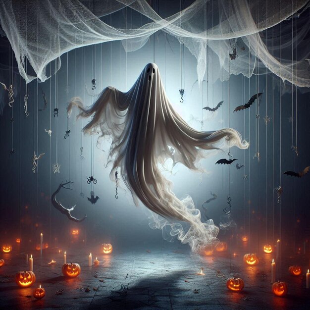 Halloween ghost with billowing fabric suspended in midair