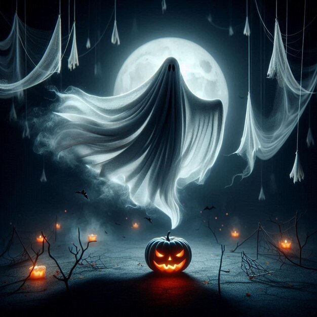 Halloween ghost with billowing fabric suspended in midair