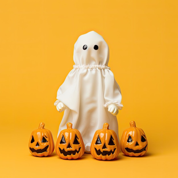 Halloween ghost with pumpkins on yellow background Minimal holiday concept