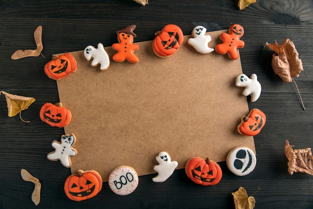 Halloween gingerbread frame on wooden background Empty space for text advertising mockup