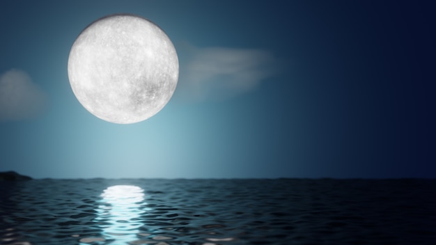 Halloween graphic background. Big full moon on blue sky with reflection sea and cloud. 3d illustration rendering