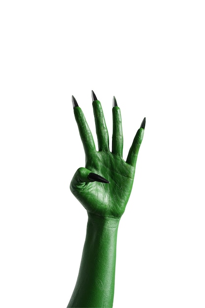 Halloween green color of witches evil or zombie monster hand isolated on white background Number four fingers