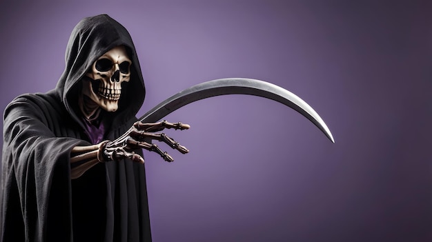 Photo halloween grim reaper with jackolantern eerie dark background and purple foggy atmosphere