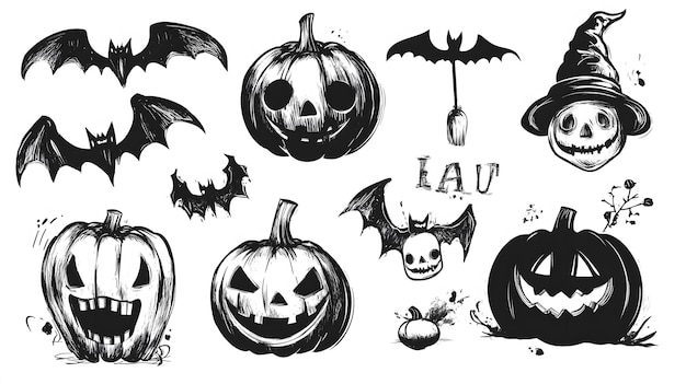 halloween hand drawing black white graphic set icon drawn hallo isolated on white background