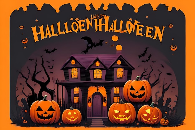 Halloween haunted house background in flat design