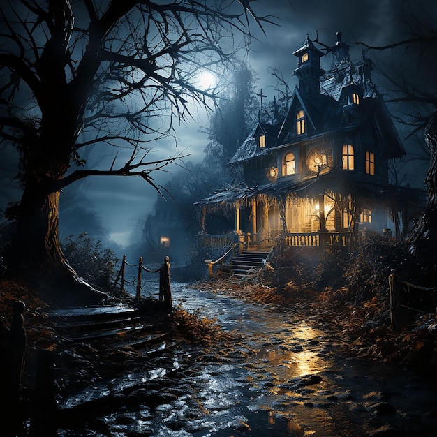 Halloween haunted house in dark forest AI generated