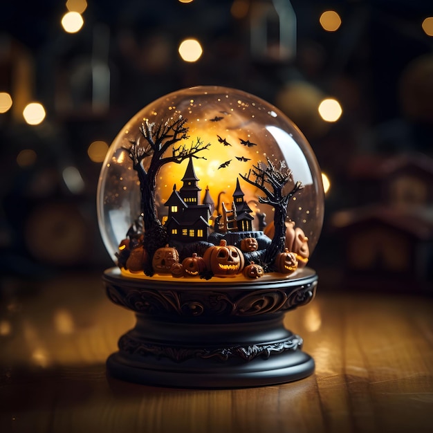 Halloween haunted house in snow globe on table