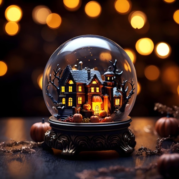 Halloween haunted house in snow globe on table