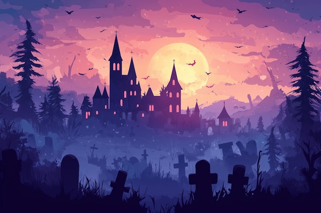 Photo halloween holiday banner witch haunted castles in forest and tombstones on graveyard