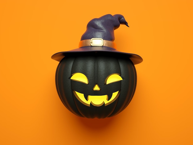 Halloween holiday concept with jack o lantern pumpkin decor with funny faces and witch's black hat