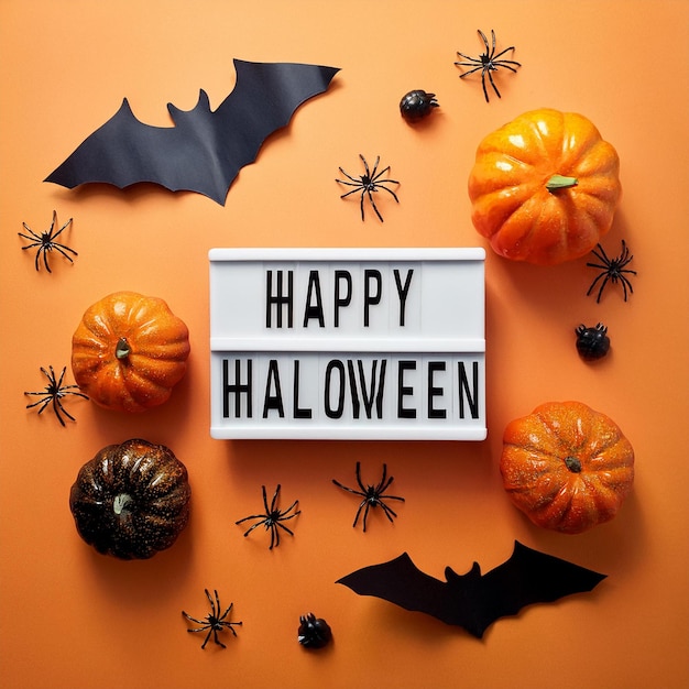 Halloween holiday party Composition with Jack O Lantern pumpkins party decorations and sweets on a