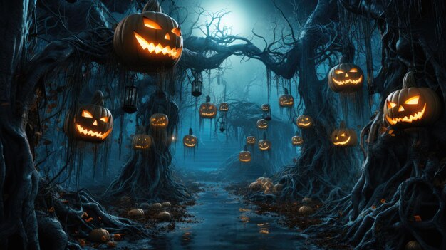 Halloween holiday scary background with pumpkins candles bats and monsters