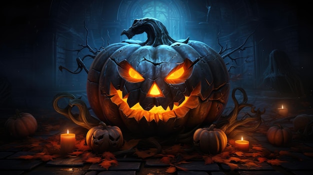 Halloween holiday scary background with pumpkins candles bats and monsters