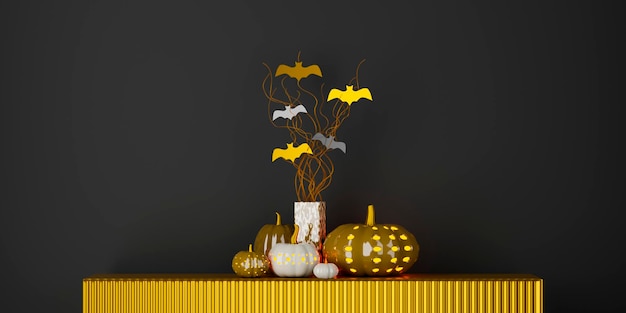 Halloween home decoration with copy space Pumpkins with bats against black wall