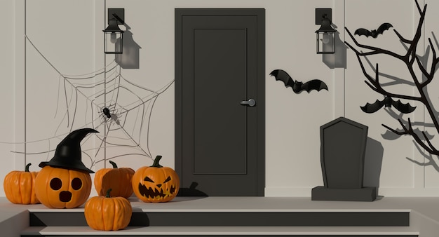 Halloween home decorations with pumpkin lamps and scary items decorated front of the door 3D rendering