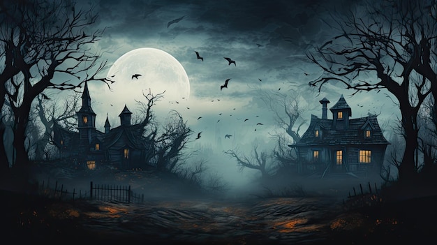 Halloween horror night background with illustration of scary houses