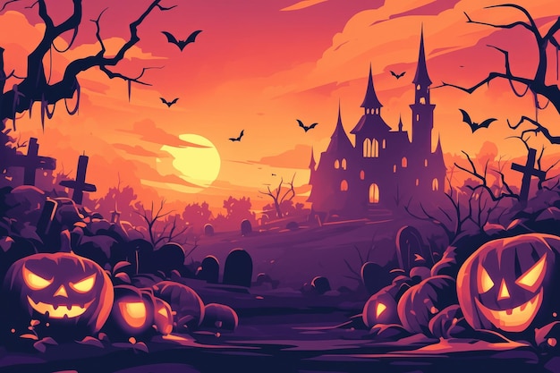 Photo halloween horror scene with haunted mansion and pumpkins