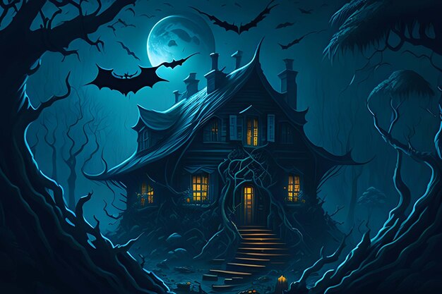 Halloween house in deep jungle moon nigh Generative AI