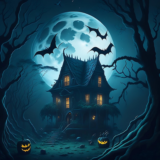 a Halloween house in deep jungle moon night flying bat on sky showing ghost in front house